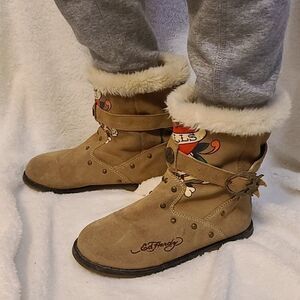Ed Hardy fur lined skull love kills slowly booties
